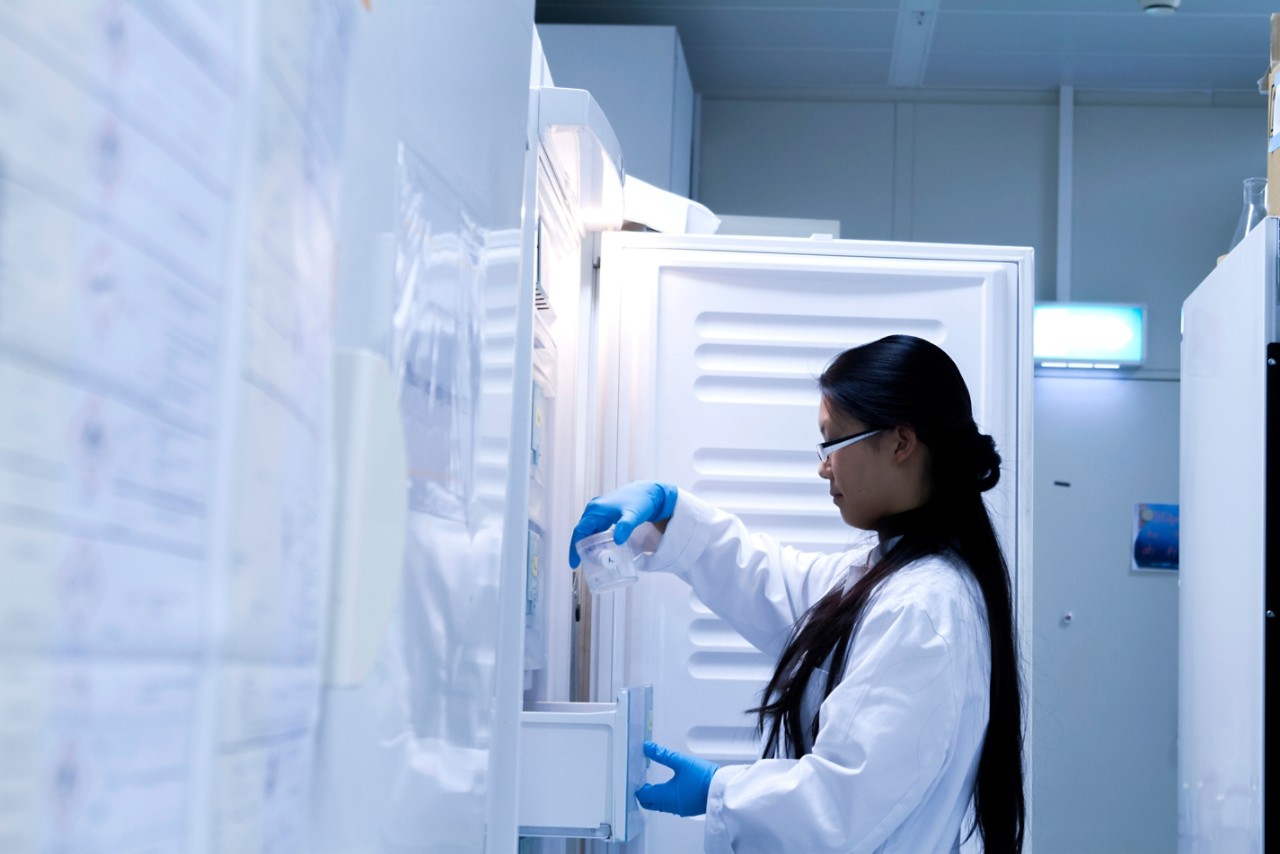 Female scientist selecting refridgerated sample in laboratory