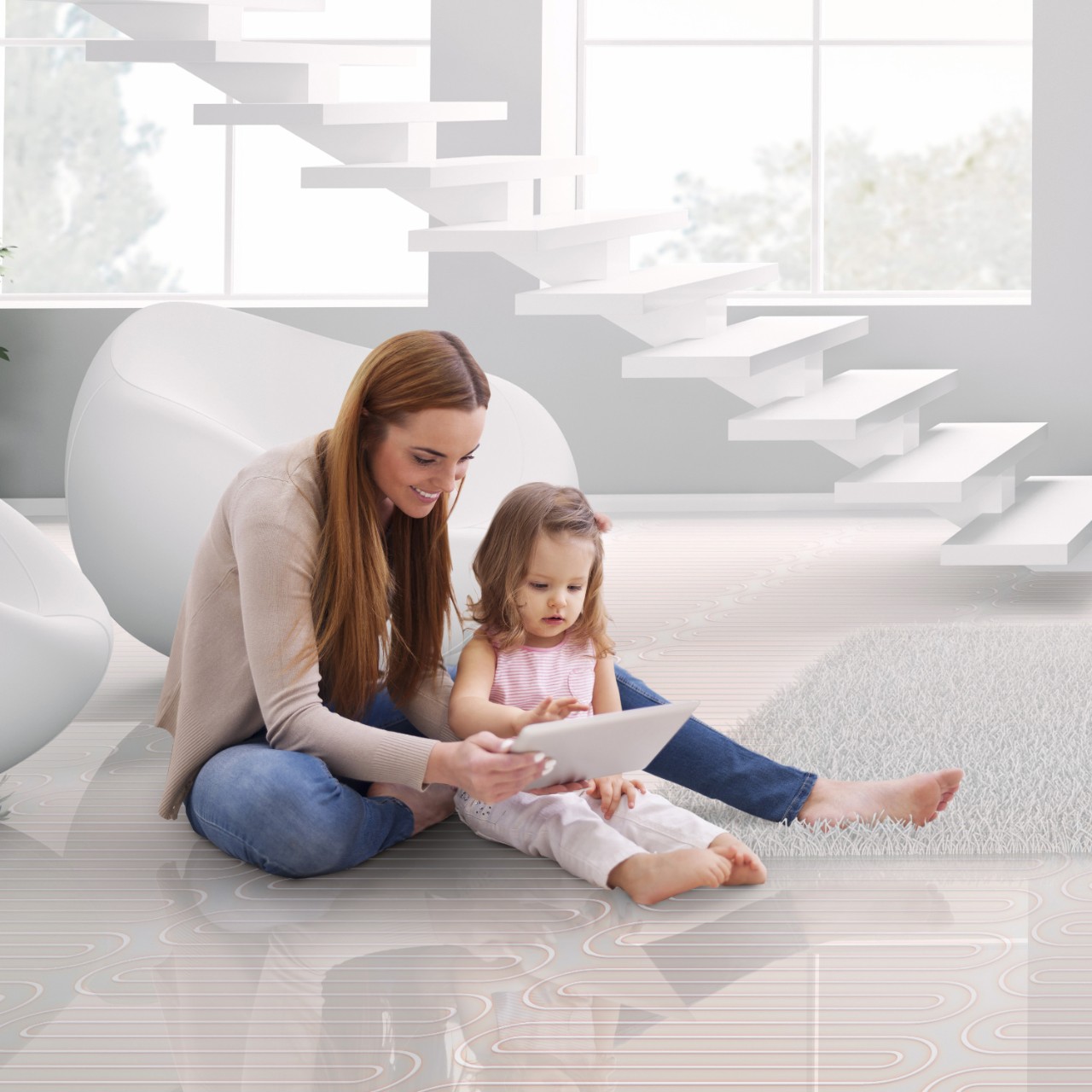 mother daughter sitting on floor wireless sign