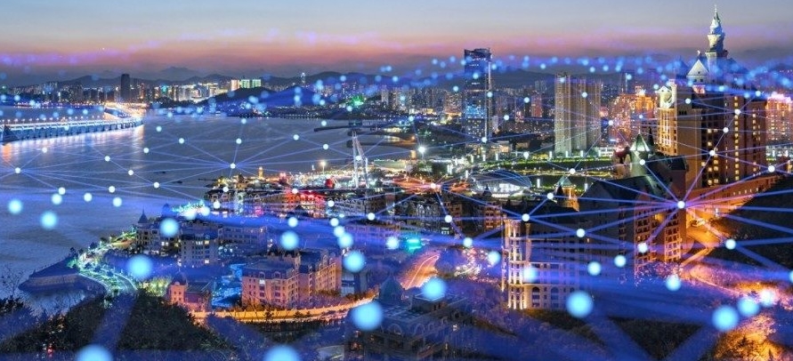 Cityscape with network nodes PF