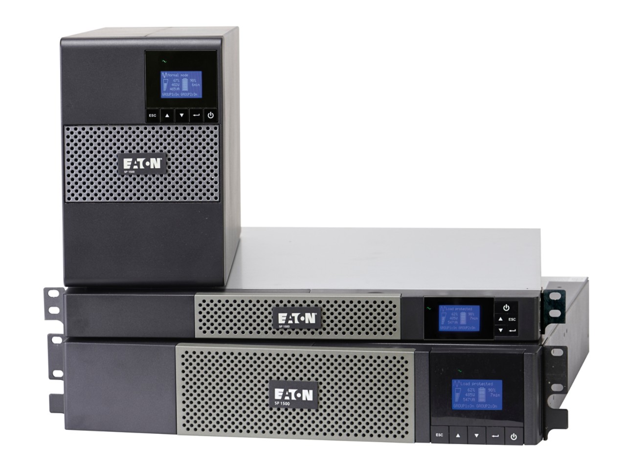 5P UPS rack and tower mount with LCD screens. front view