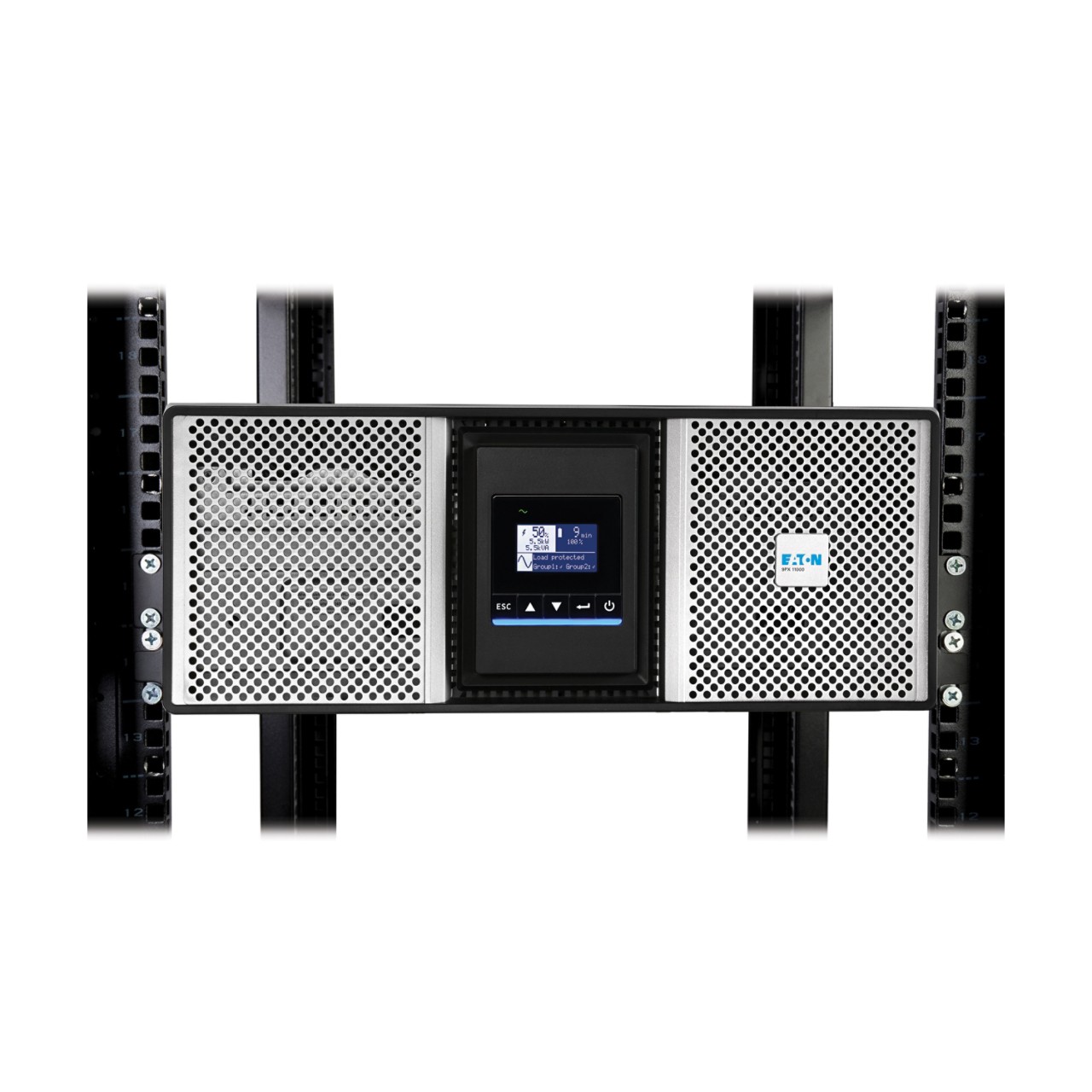 9PX UPS 5kVA-6kVA with LCD screen, in rack. Front view