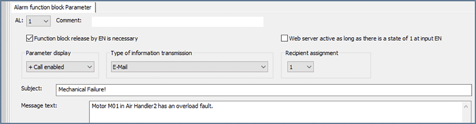Alarm function block parameter