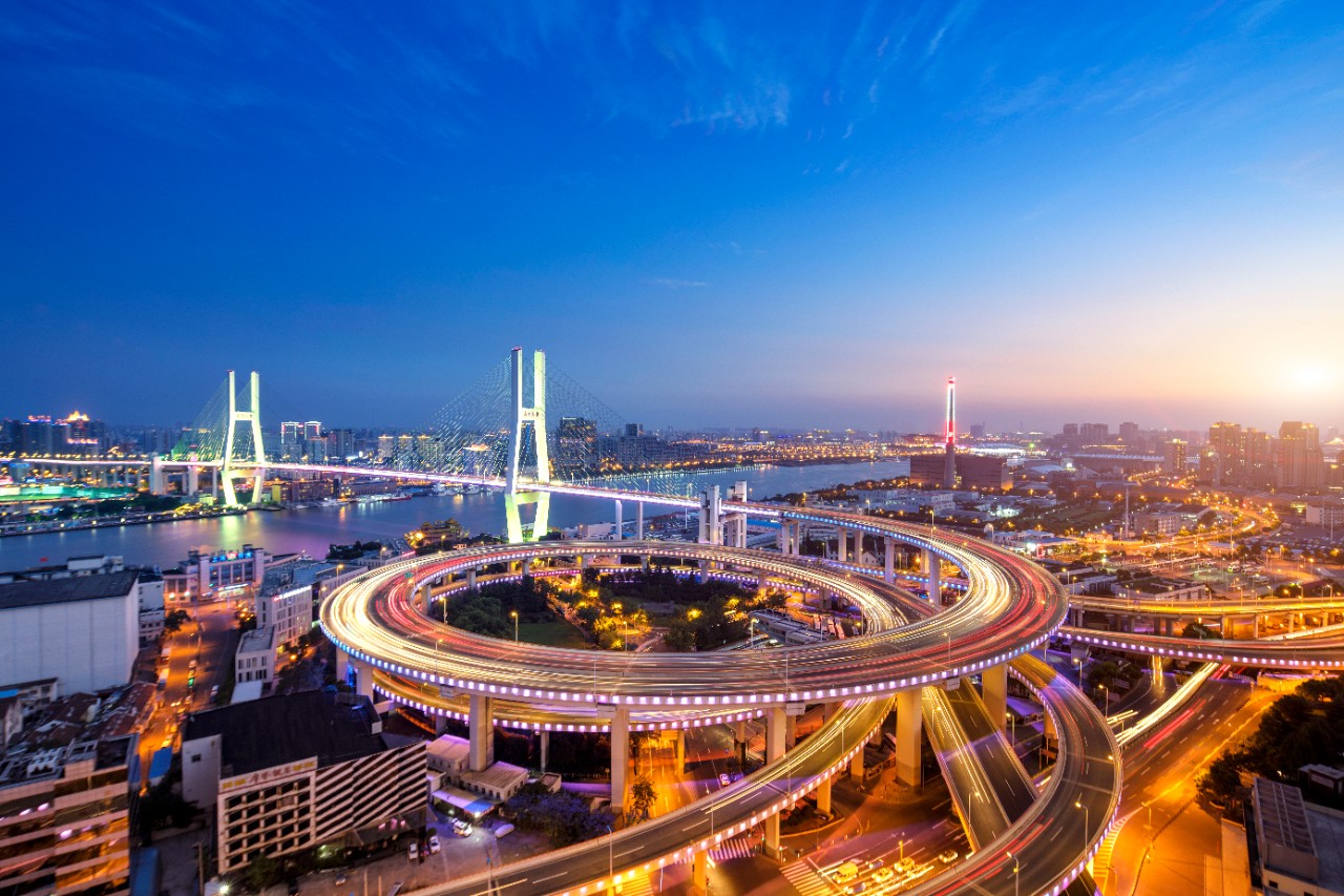 Nanpu bridge panoramic in blue sky at sunset, Shanghai.