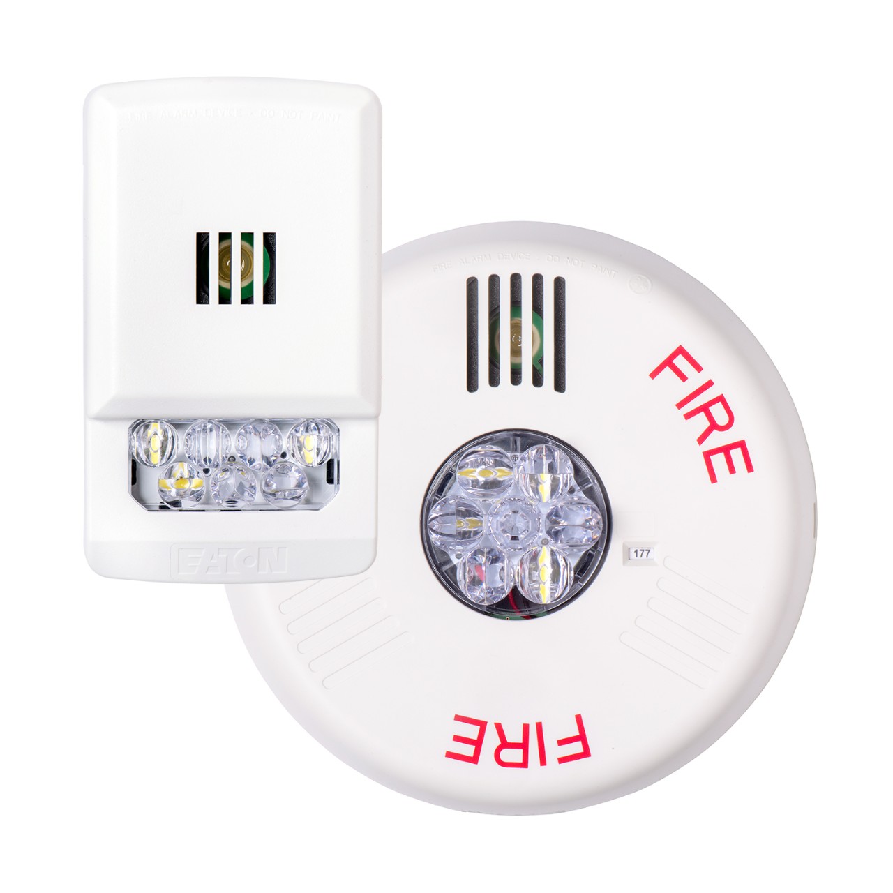 Wheelock Eluxa horn strobes, white, center view, wall and ceiling applications, 1500 x 1500
