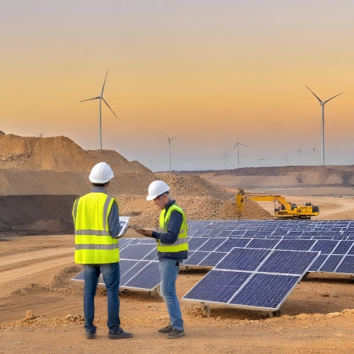 Mining engineers looking at miningsite and solar panels